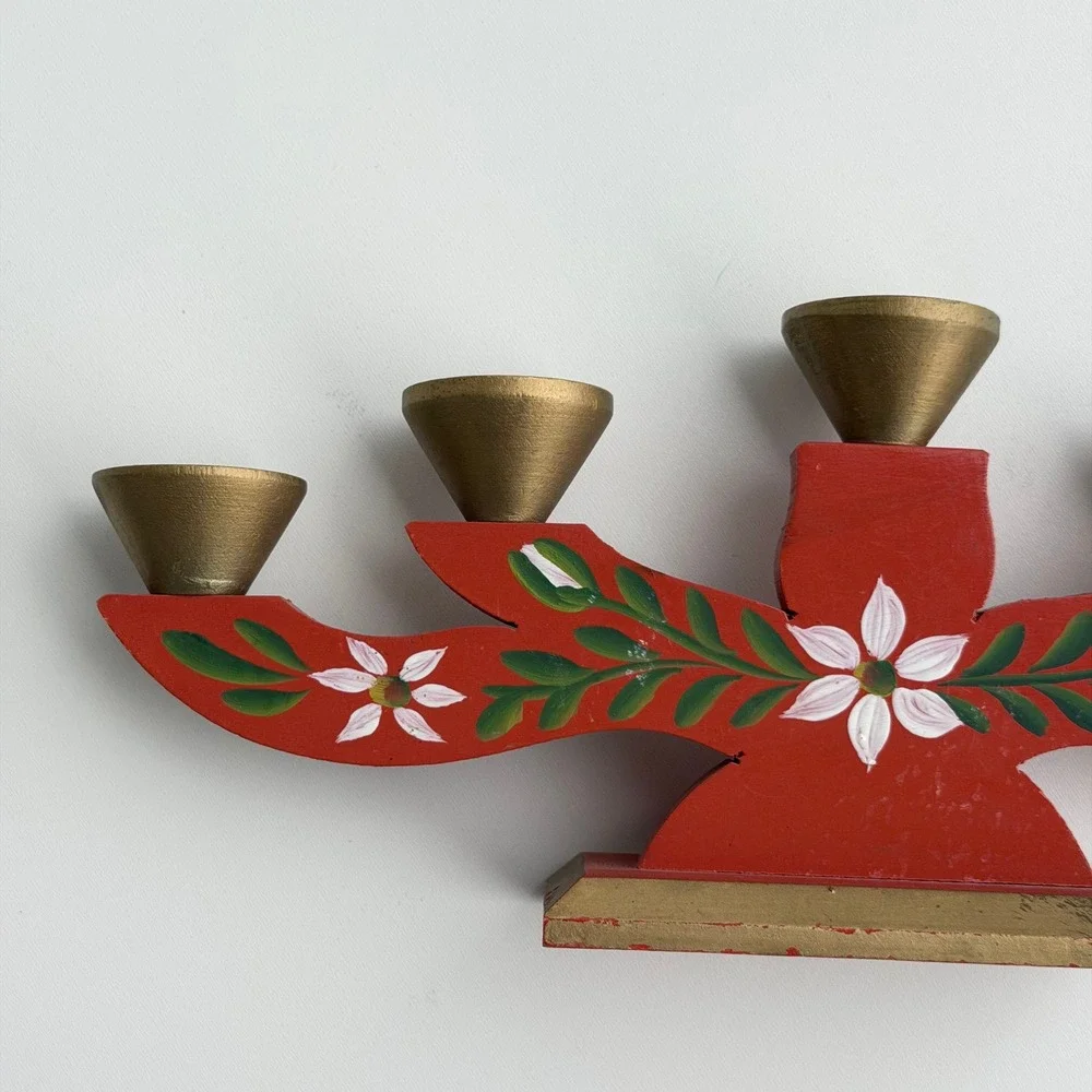 Vintage Scandinavian Taper Candelabra Red Folk‎ Art Hand Painted Gold Floral
